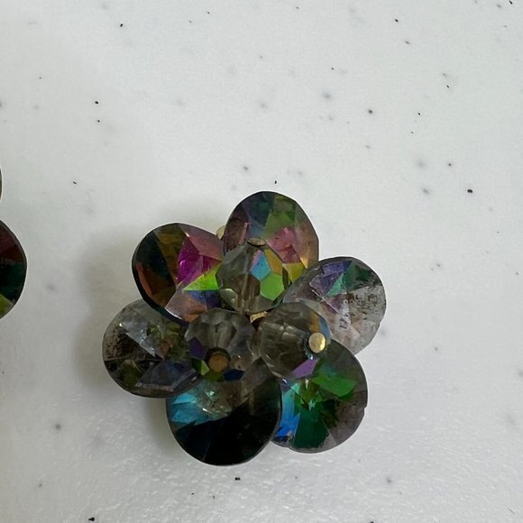 Vintage Rivoli‎ Earrings Clip On Rainbow AB Beaded Swirl Gold Tone - Picture 3 of 9